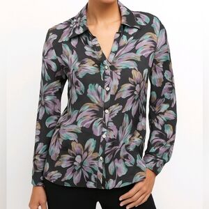 Tommy Bahama Blouse Silk Blend Black Floral Long Sleeve Button Up Size M